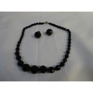 Vintage Graduating BLACK GLASS Necklace CZECHOSLOVAKIA Button STERLING Screwback